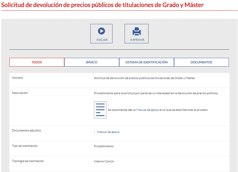 Solicitud de devolución de precios públicos de titulaciones de Grado y Máster